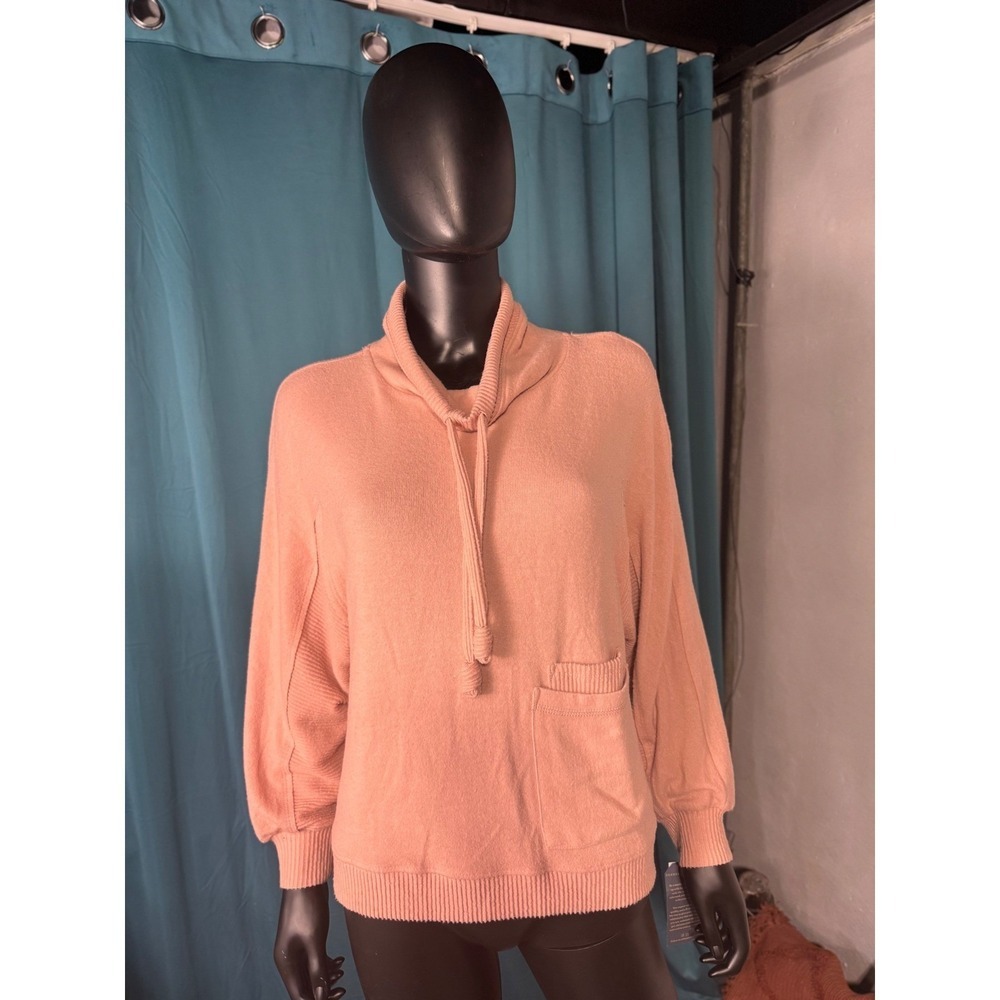 Democracy Pink Cowl Neck Ribbed Sleeve‎ Kangaroo Pocket Pullover Sweater Size S